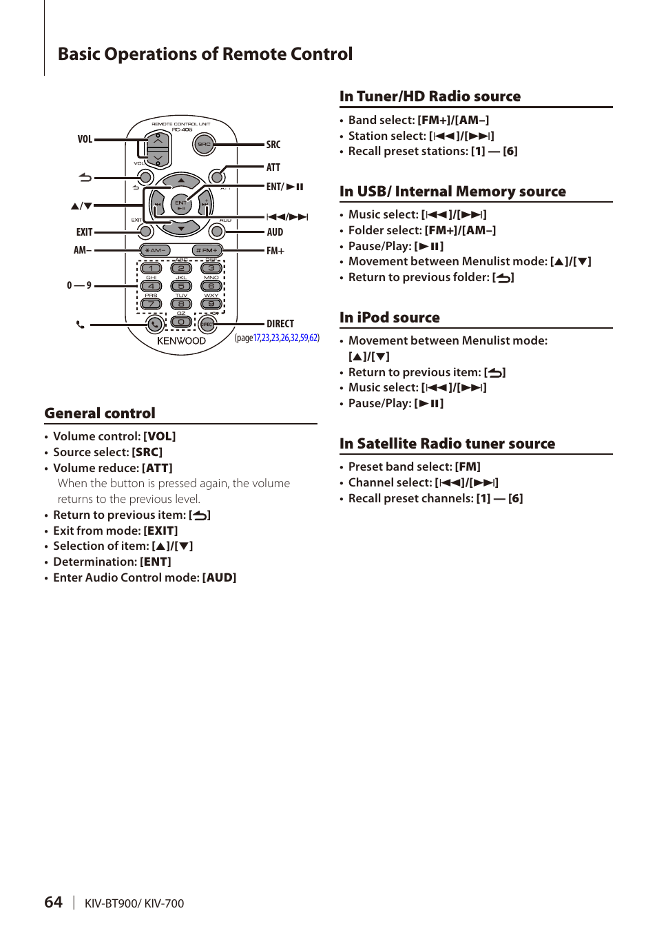 Basic operations of remote control, General control, In tuner/hd radio source | In usb/ internal memory source, Basic operations of remote, Control | Kenwood DIGITAL MEDIA RECEIVER KIV-BT900 User Manual | Page 64 / 84