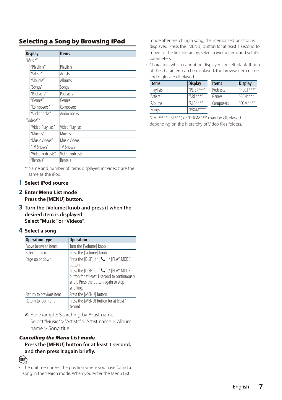 Selecting a song by browsing ipod | Kenwood DIGITAL MEDIA RECEIVER KIV-BT900 User Manual | Page 7 / 84