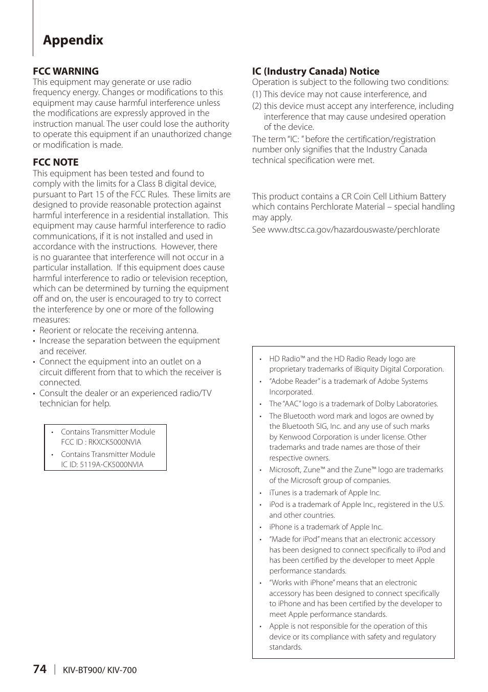 Appendix | Kenwood DIGITAL MEDIA RECEIVER KIV-BT900 User Manual | Page 74 / 84