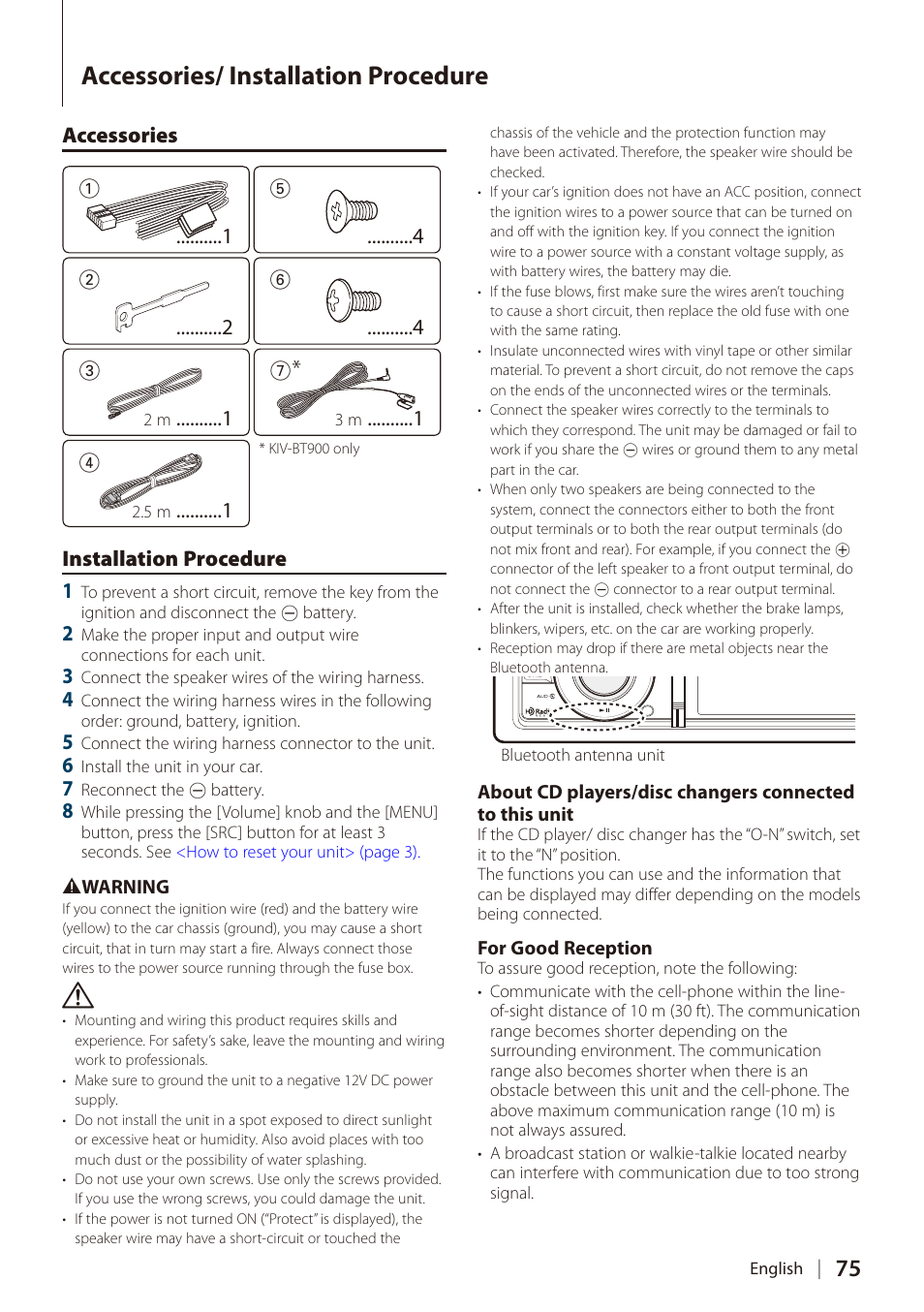 Accessories/ installation procedure, Accessories 1, Installation procedure 1 | Kenwood DIGITAL MEDIA RECEIVER KIV-BT900 User Manual | Page 75 / 84