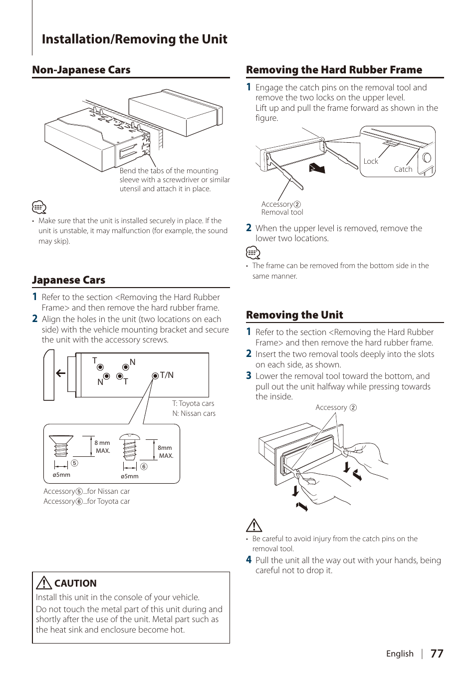 Installation/removing the unit, Non-japanese cars, Japanese cars 1 | Removing the hard rubber frame 1, Removing the unit 1 | Kenwood DIGITAL MEDIA RECEIVER KIV-BT900 User Manual | Page 77 / 84