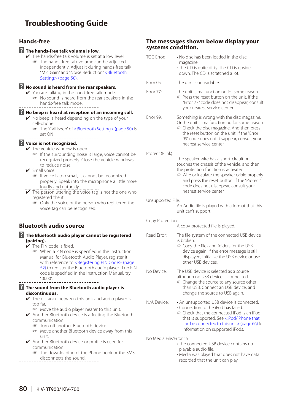 Troubleshooting guide, Hands-free, Bluetooth audio source | Kenwood DIGITAL MEDIA RECEIVER KIV-BT900 User Manual | Page 80 / 84