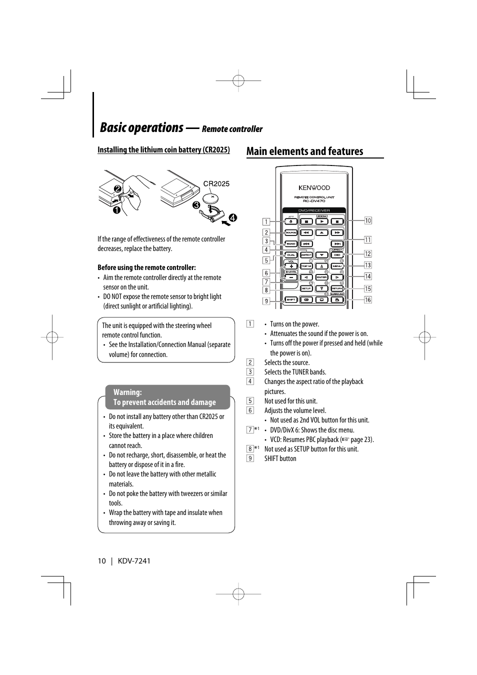 Basic operations, Main elements and features | Kenwood KDV-7241 User Manual | Page 10 / 45