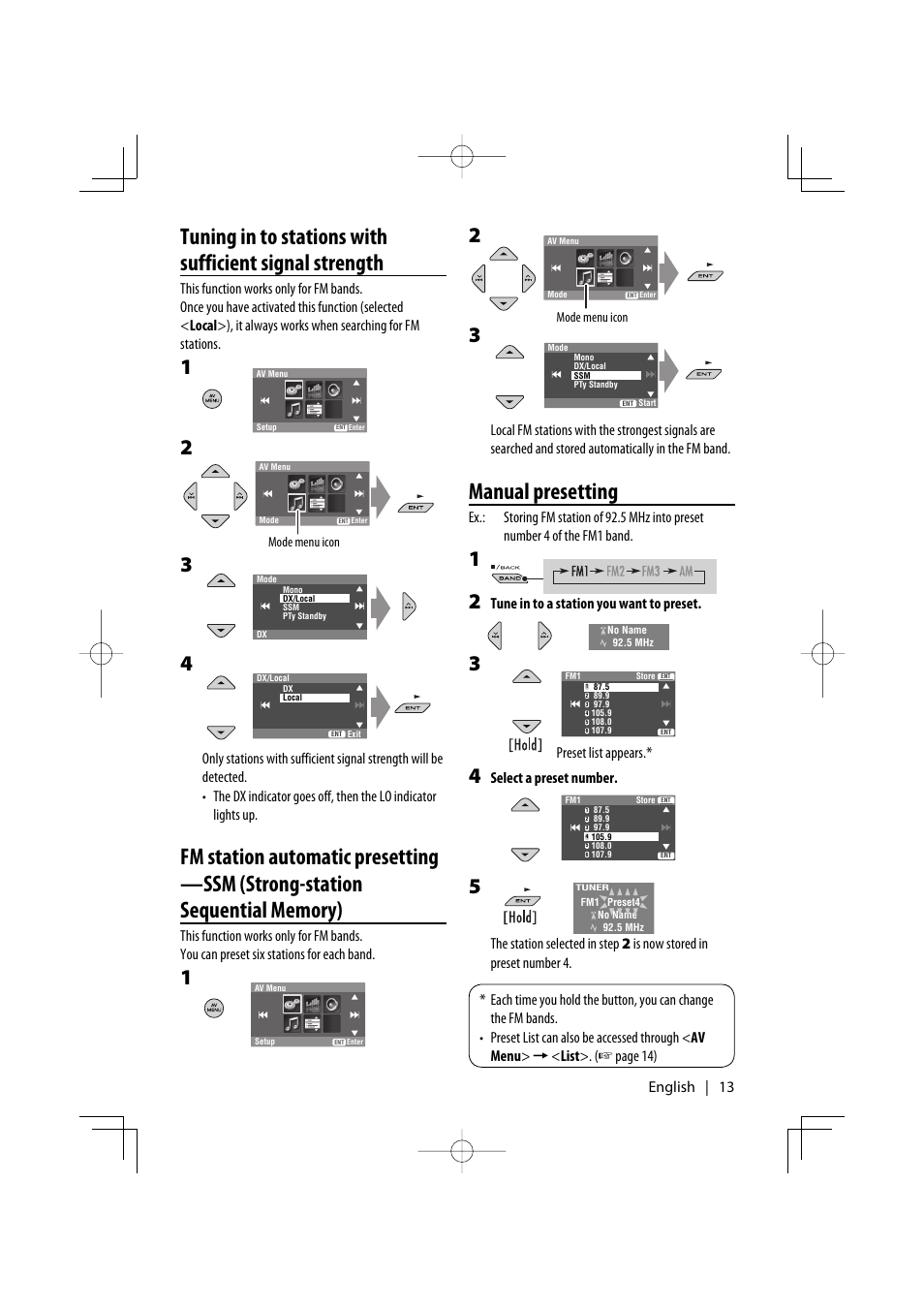 Manual presetting, English | 13, Tune in to a station you want to preset | Preset list appears, Select a preset number | Kenwood KDV-7241 User Manual | Page 13 / 45