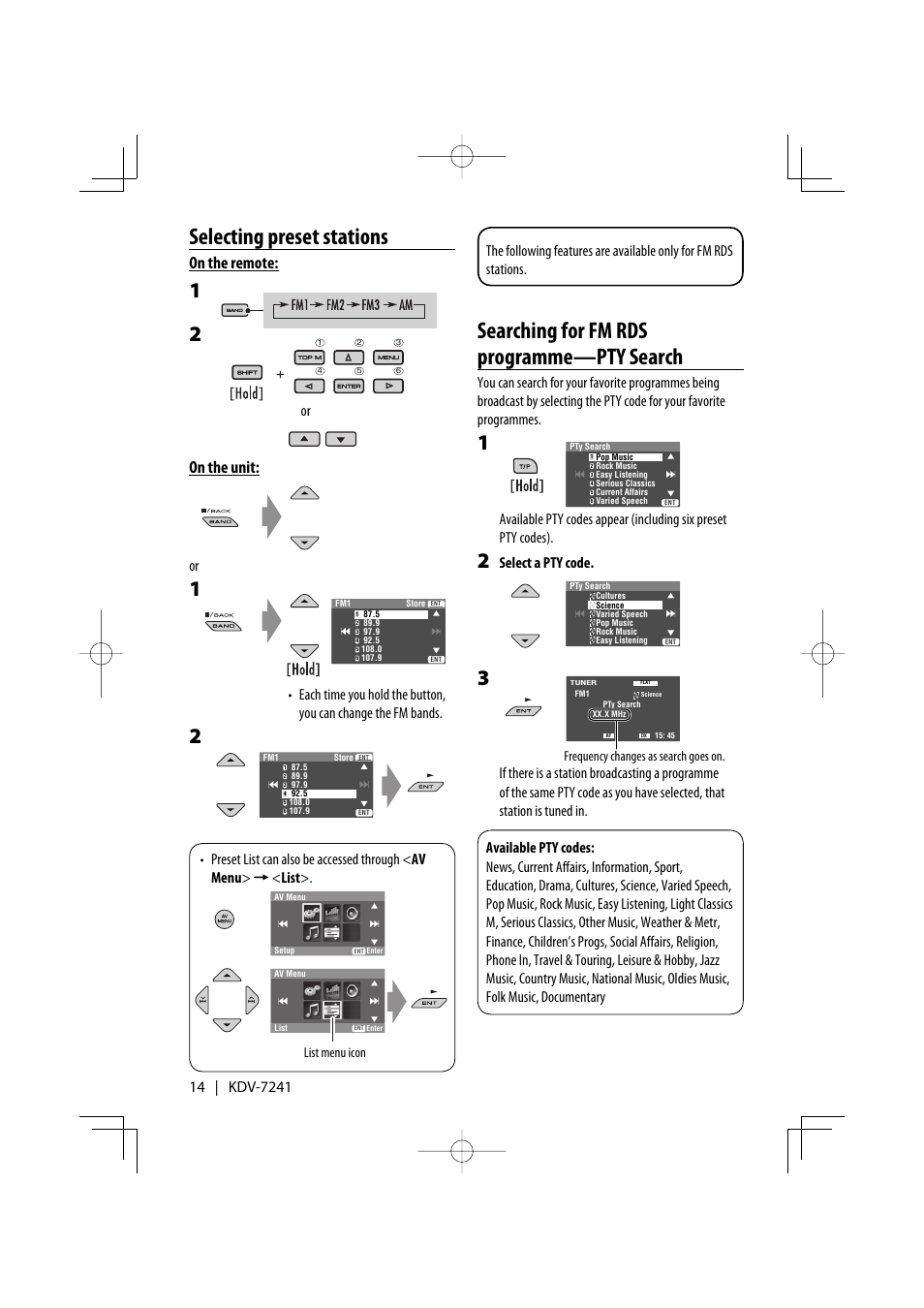 Searching for fm rds programme—pty search, Selecting preset stations, On the remote | On the unit, Select a pty code, List menu icon, Frequency changes as search goes on | Kenwood KDV-7241 User Manual | Page 14 / 45