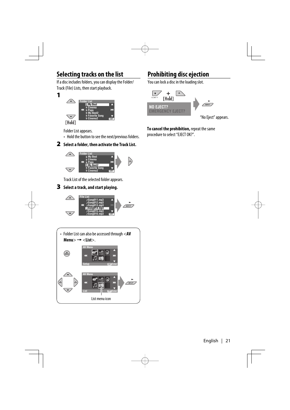 Selecting tracks on the list, Prohibiting disc ejection, English | 21 | Kenwood KDV-7241 User Manual | Page 21 / 45