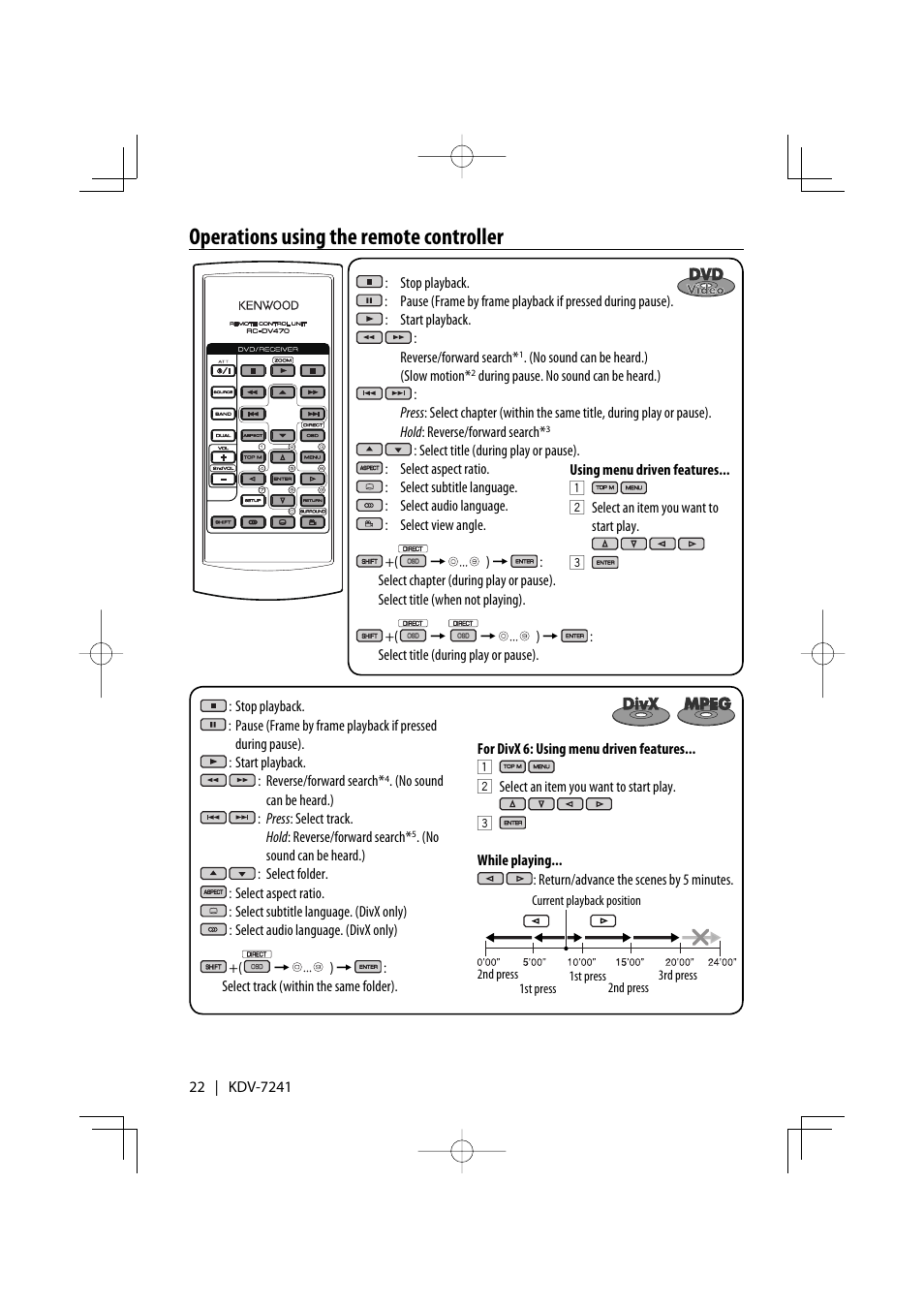 Operations using the remote controller | Kenwood KDV-7241 User Manual | Page 22 / 45