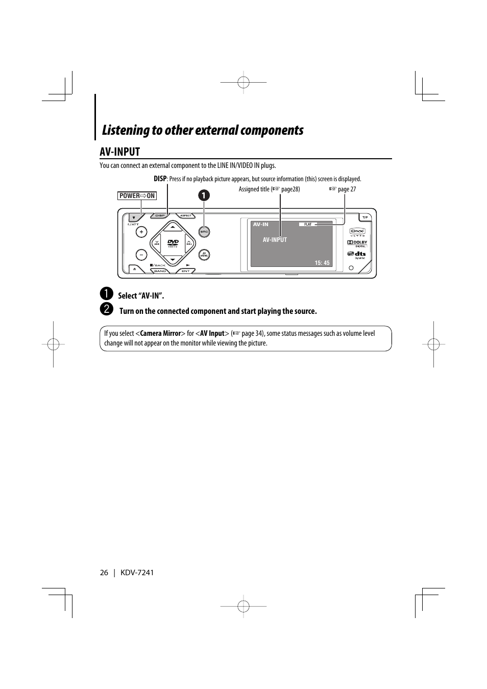 Listening to other external components, Av-input | Kenwood KDV-7241 User Manual | Page 26 / 45