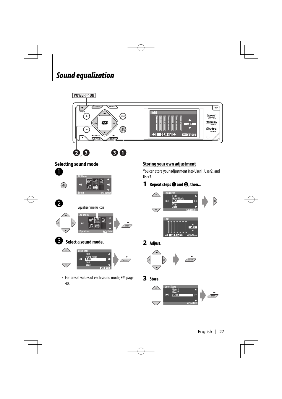 Sound equalization, Selecting sound mode, Select a sound mode | Storing your own adjustment | Kenwood KDV-7241 User Manual | Page 27 / 45