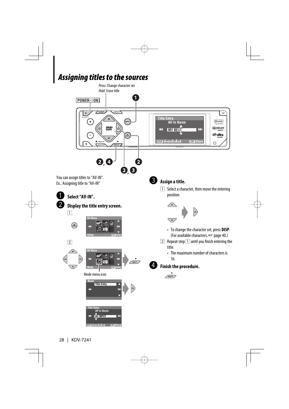 Assigning titles to the sources | Kenwood KDV-7241 User Manual | Page 28 / 45