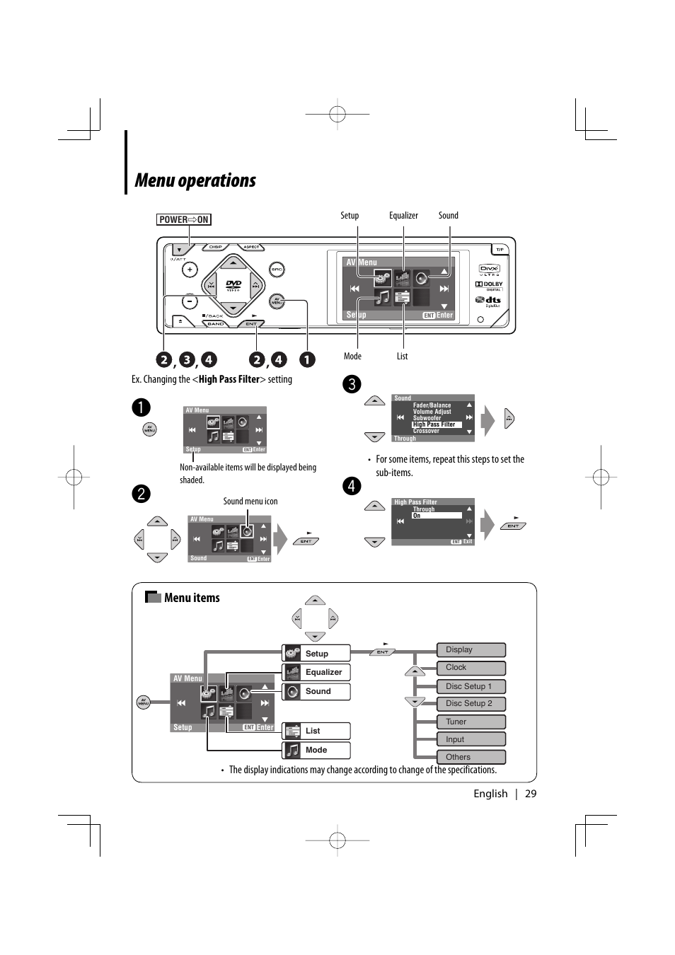 Menu operations, Menu items | Kenwood KDV-7241 User Manual | Page 29 / 45