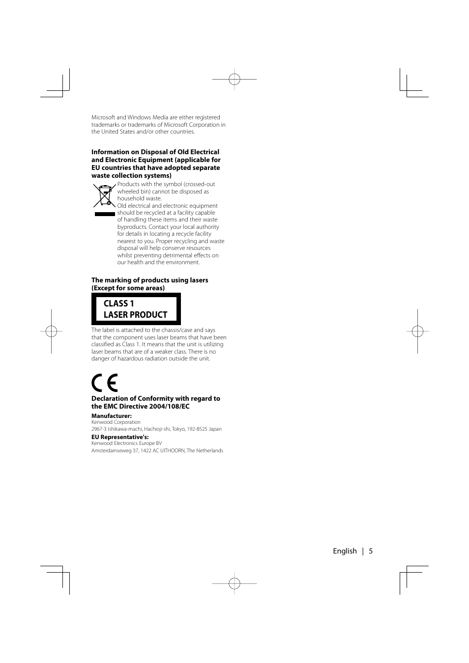 Class 1 laser product | Kenwood KDV-7241 User Manual | Page 5 / 45