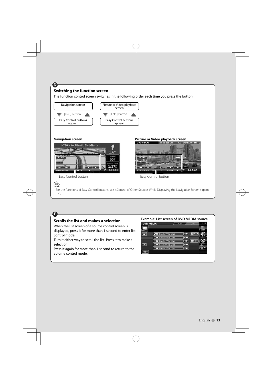 Switching the function screen, Dscrolls the list and makes a selection | Kenwood DDX5034M User Manual | Page 13 / 92