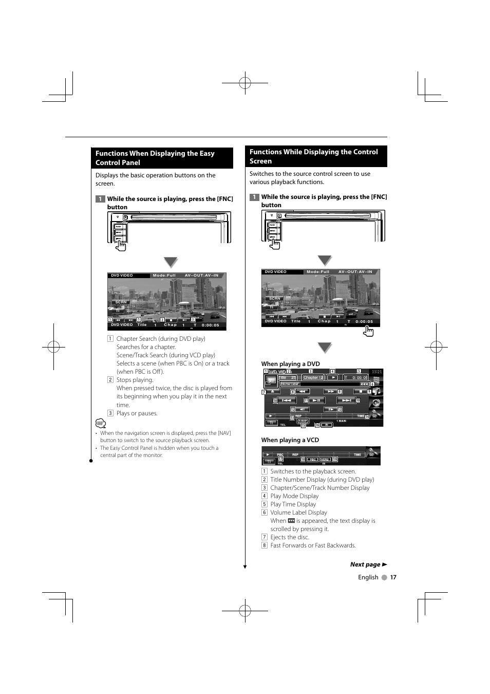 Functions when displaying the easy control panel, Functions while displaying the control screen, Next page 3 | Kenwood DDX5034M User Manual | Page 17 / 92