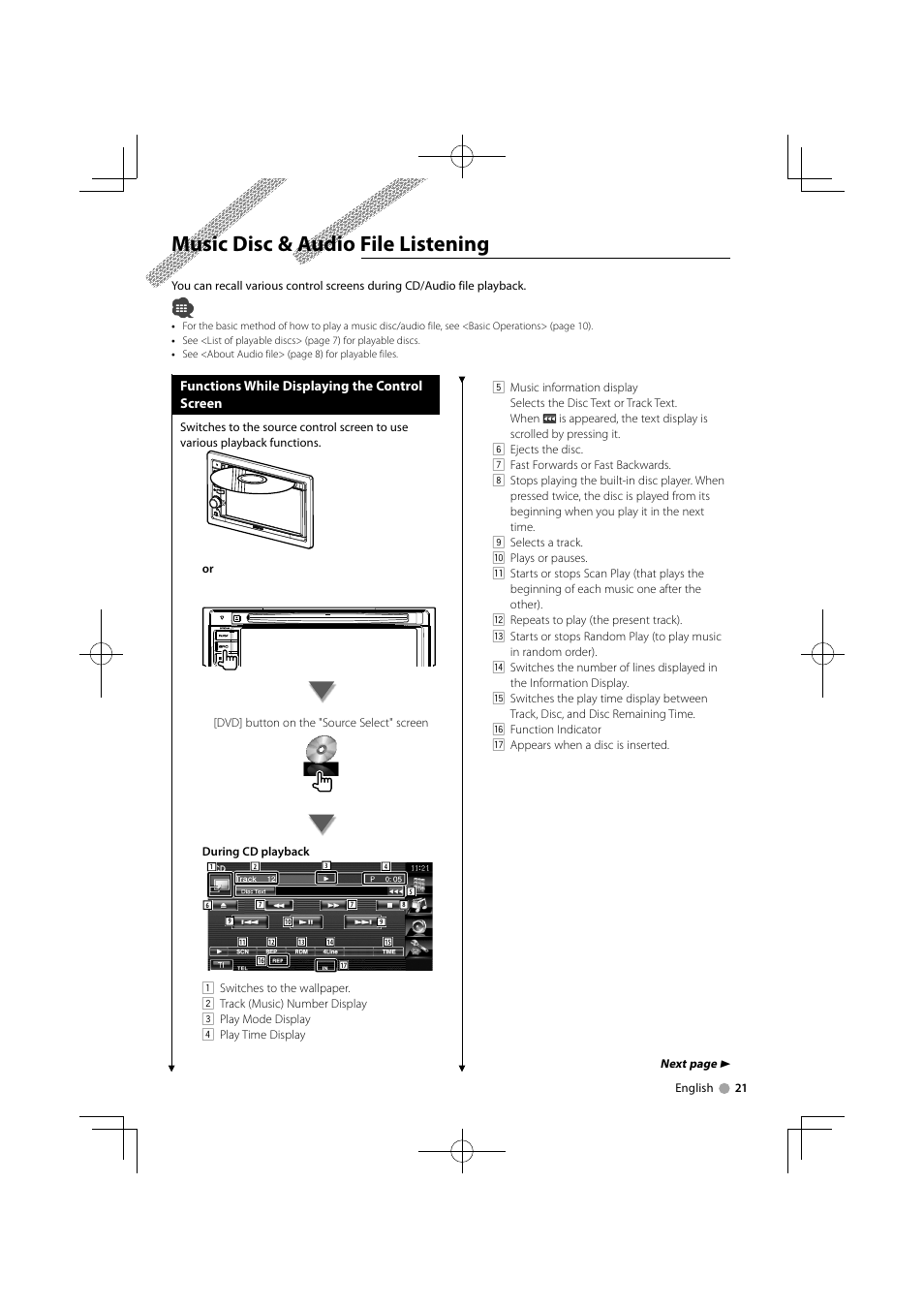 Music disc & audio file listening | Kenwood DDX5034M User Manual | Page 21 / 92