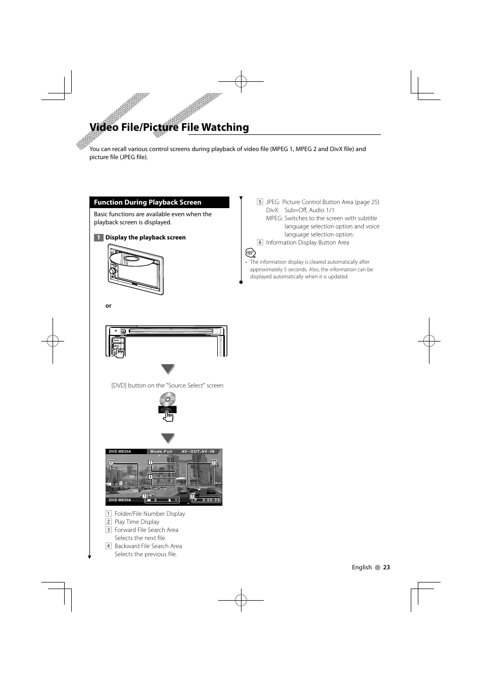 Video file/picture file watching, Function during playback screen | Kenwood DDX5034M User Manual | Page 23 / 92