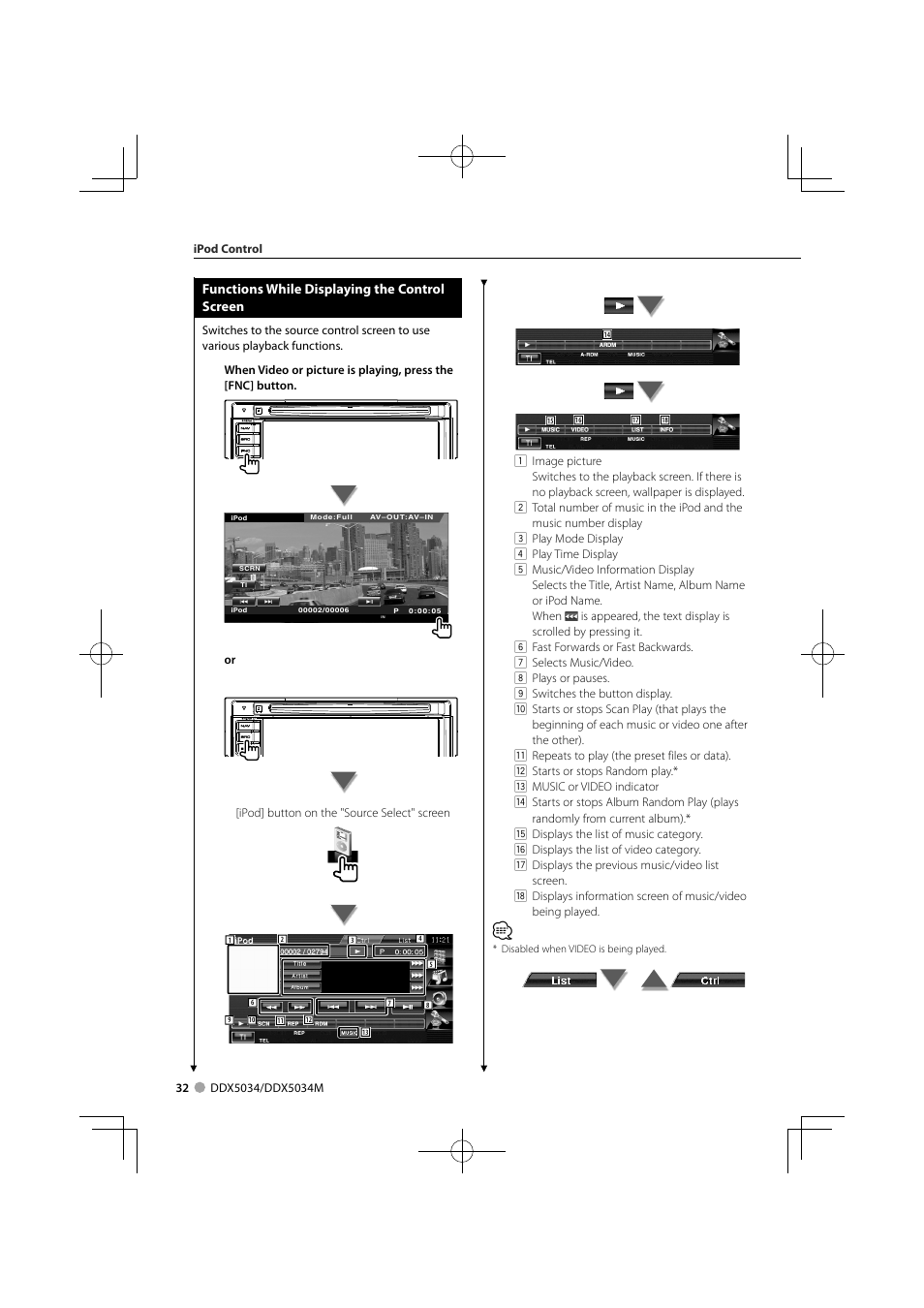 Functions while displaying the control screen | Kenwood DDX5034M User Manual | Page 32 / 92