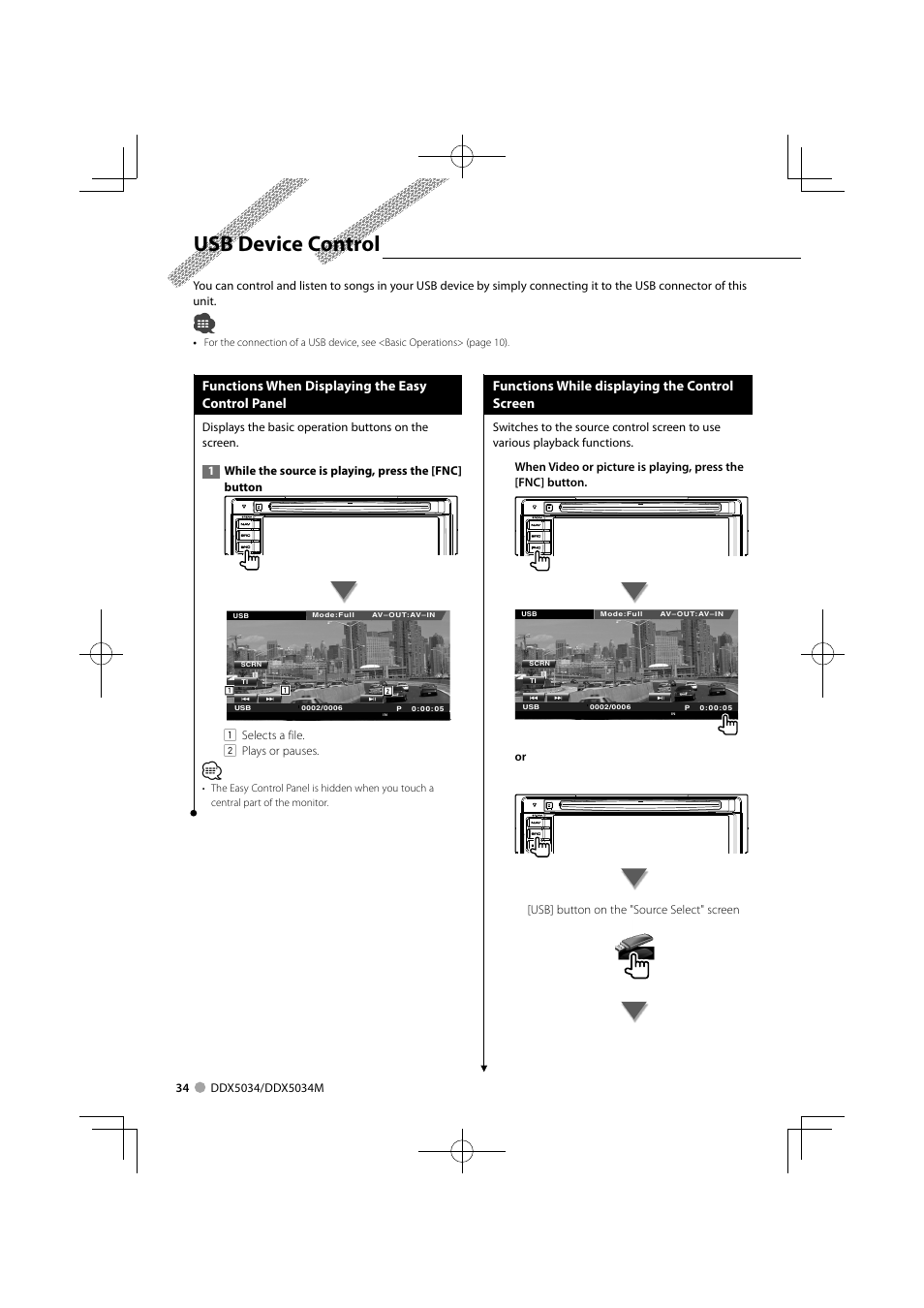 Usb device control, Functions when displaying the easy control panel, Functions while displaying the control screen | Kenwood DDX5034M User Manual | Page 34 / 92