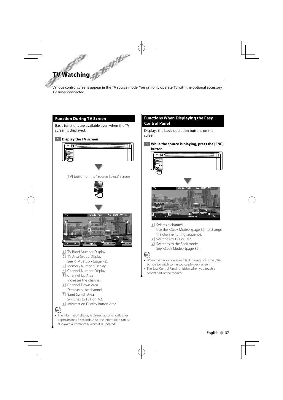 Tv watching, Function during tv screen, Functions when displaying the easy control panel | Kenwood DDX5034M User Manual | Page 37 / 92