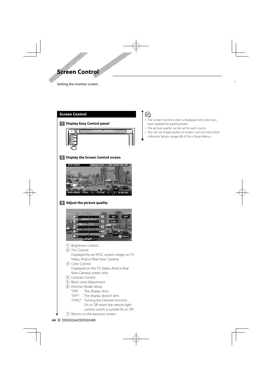 Screen control | Kenwood DDX5034M User Manual | Page 44 / 92