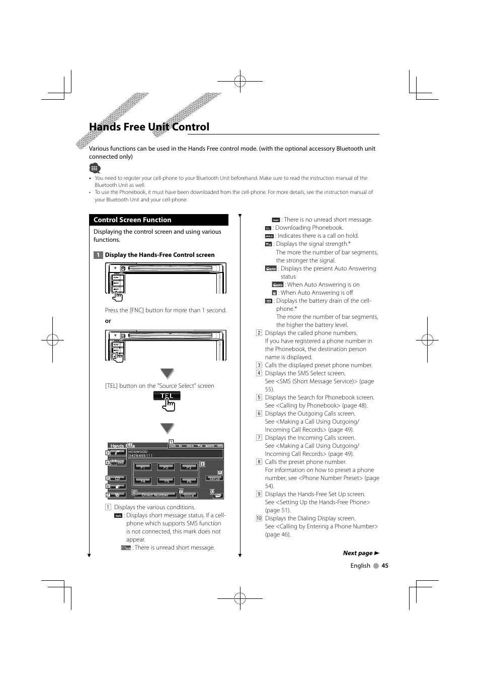 Hands free unit control | Kenwood DDX5034M User Manual | Page 45 / 92