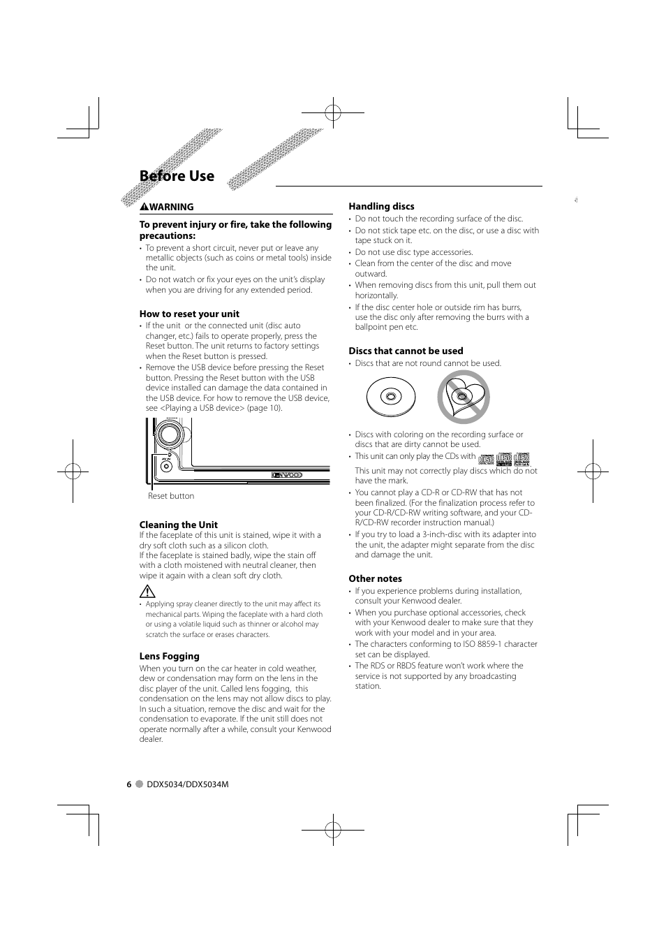 Before use | Kenwood DDX5034M User Manual | Page 6 / 92