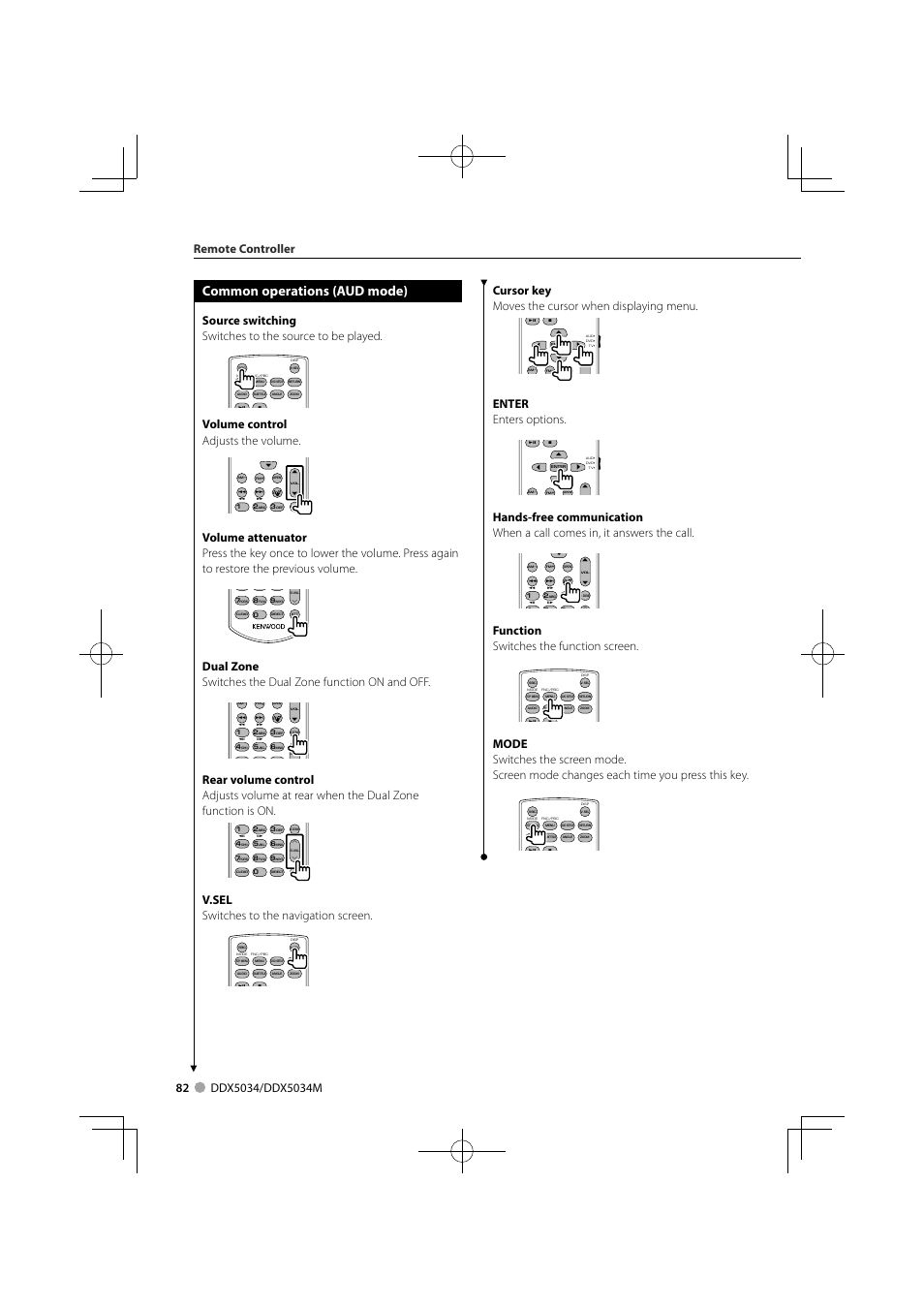 Common operations (aud mode), Volume control adjusts the volume, V.sel switches to the navigation screen | Cursor key moves the cursor when displaying menu, Enter enters options, Function switches the function screen, Remote controller | Kenwood DDX5034M User Manual | Page 82 / 92