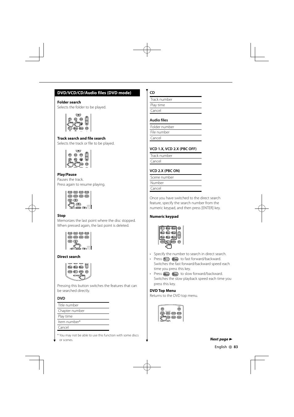 Dvd/vcd/cd/audio files (dvd mode), Next page 3, Folder search selects the folder to be played | Direct search | Kenwood DDX5034M User Manual | Page 83 / 92