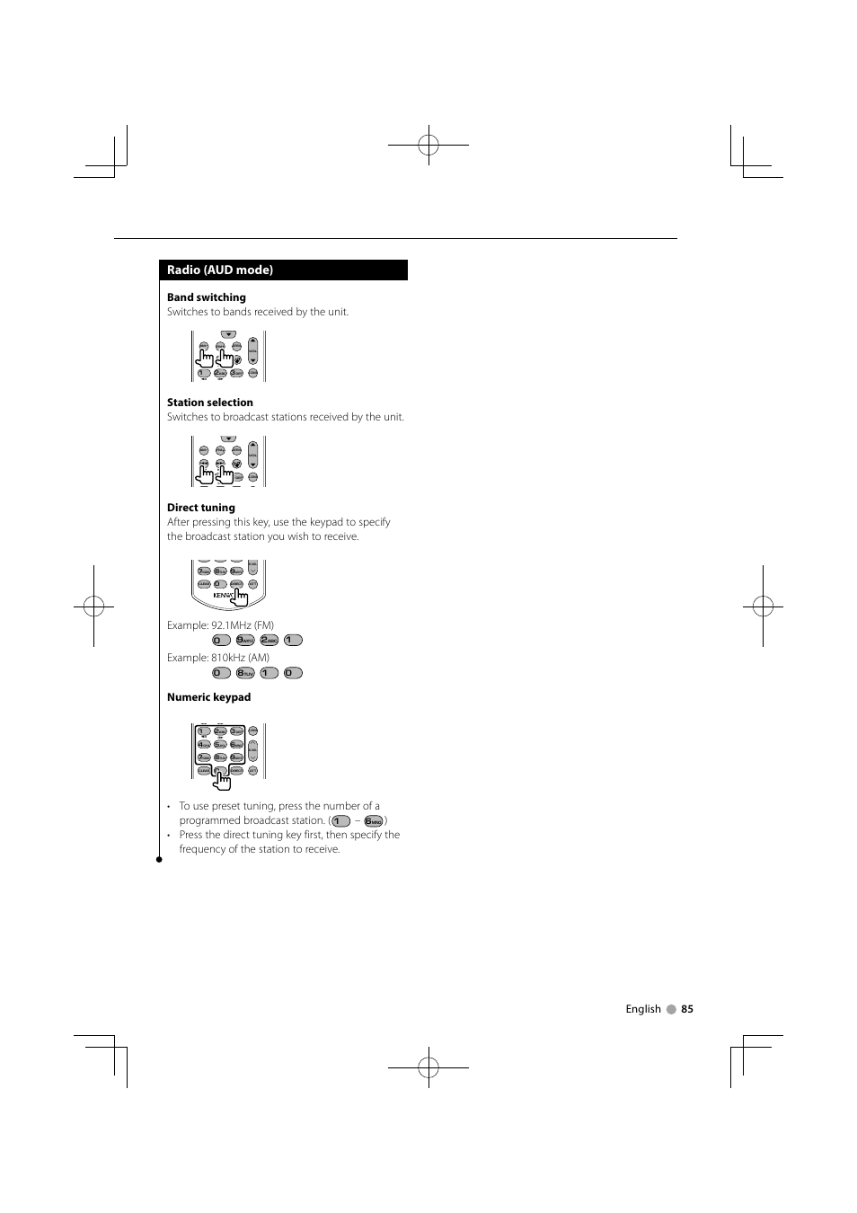 Radio (aud mode), English 85, Example: 92.1mhz (fm) | Example: 810khz (am), Numeric keypad | Kenwood DDX5034M User Manual | Page 85 / 92