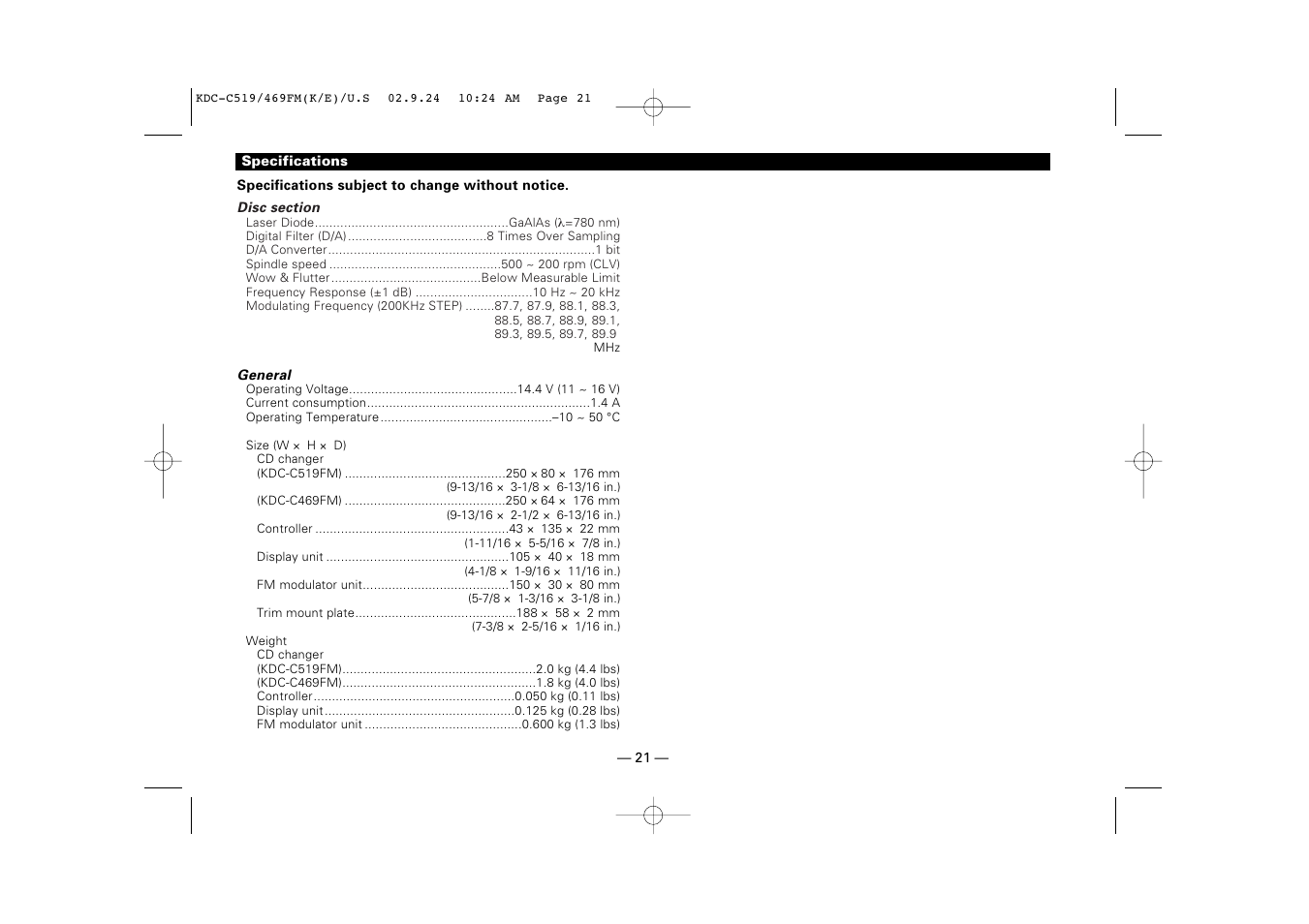 Specifications | Kenwood KDC-C469FM User Manual | Page 21 / 80