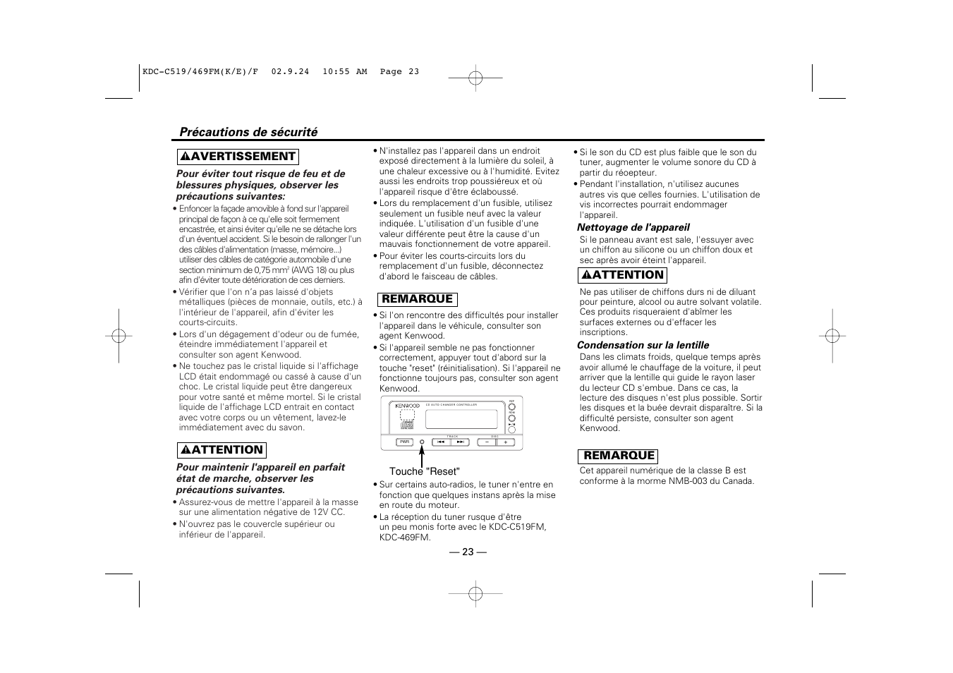 Avant i'utilisation, Disc, Précautions de sécurité | 2 attention 2 avertissement, Remarque, Remarque 2 attention | Kenwood KDC-C469FM User Manual | Page 23 / 80