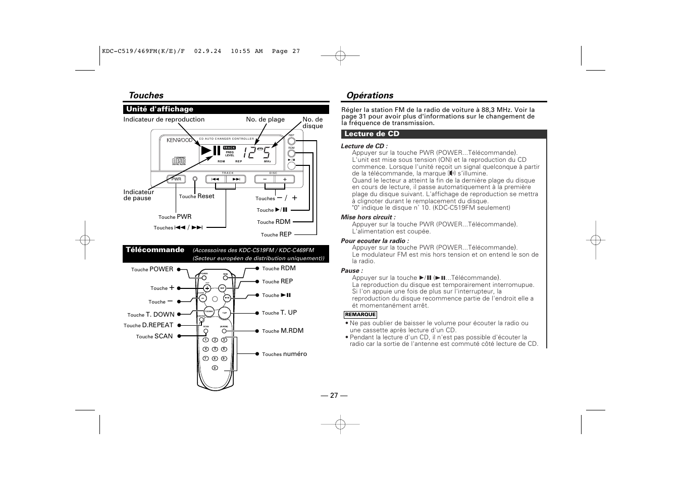 Touches, Operations, Touches opérations | Kenwood KDC-C469FM User Manual | Page 27 / 80