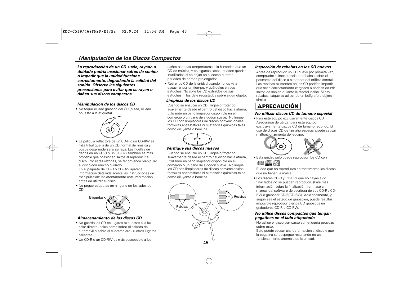 Manipulación de los discos compactos | Kenwood KDC-C469FM User Manual | Page 45 / 80