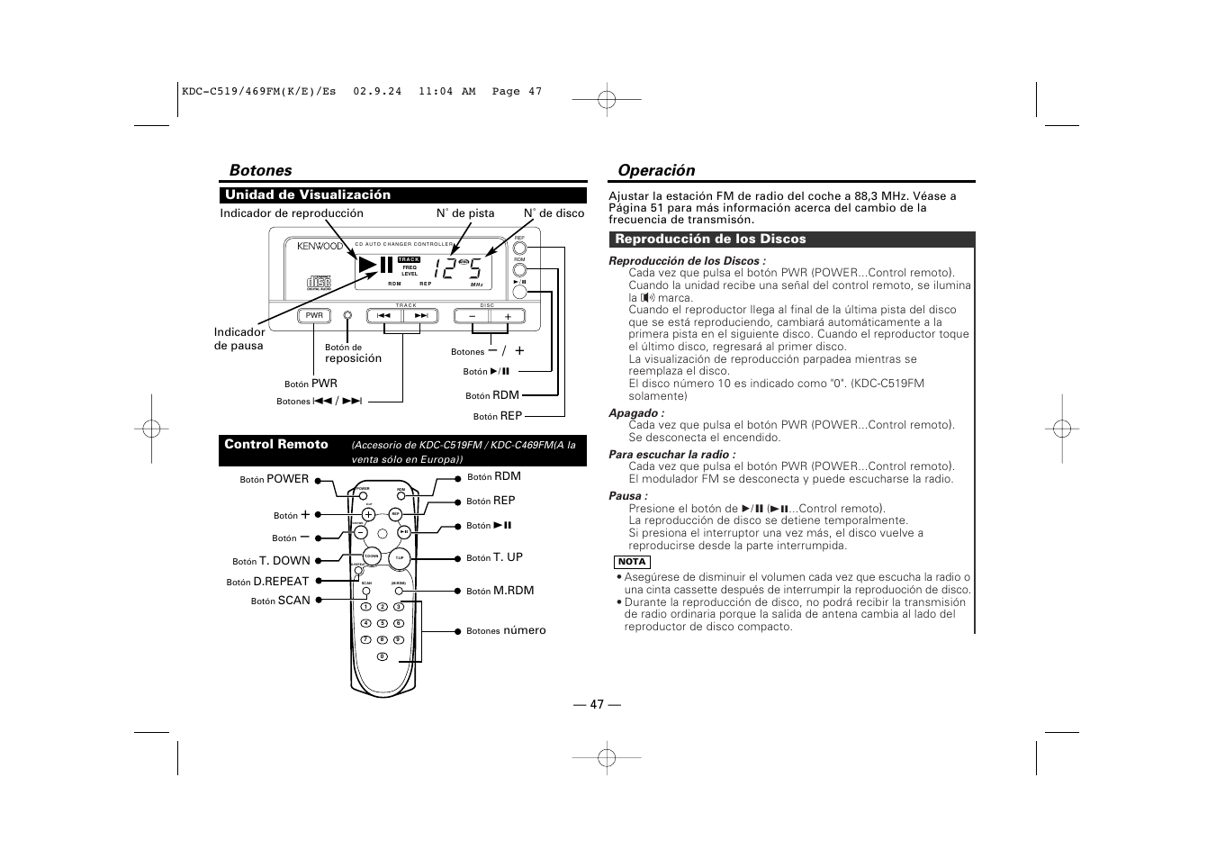 Botones, Operacion, Botones operación | Kenwood KDC-C469FM User Manual | Page 47 / 80