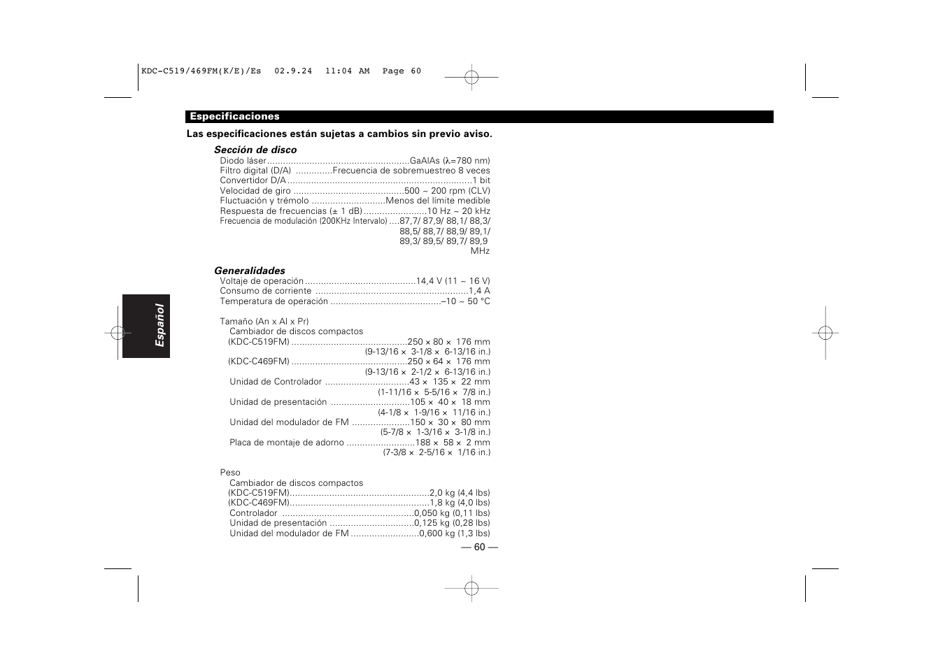 Especificaciones | Kenwood KDC-C469FM User Manual | Page 60 / 80