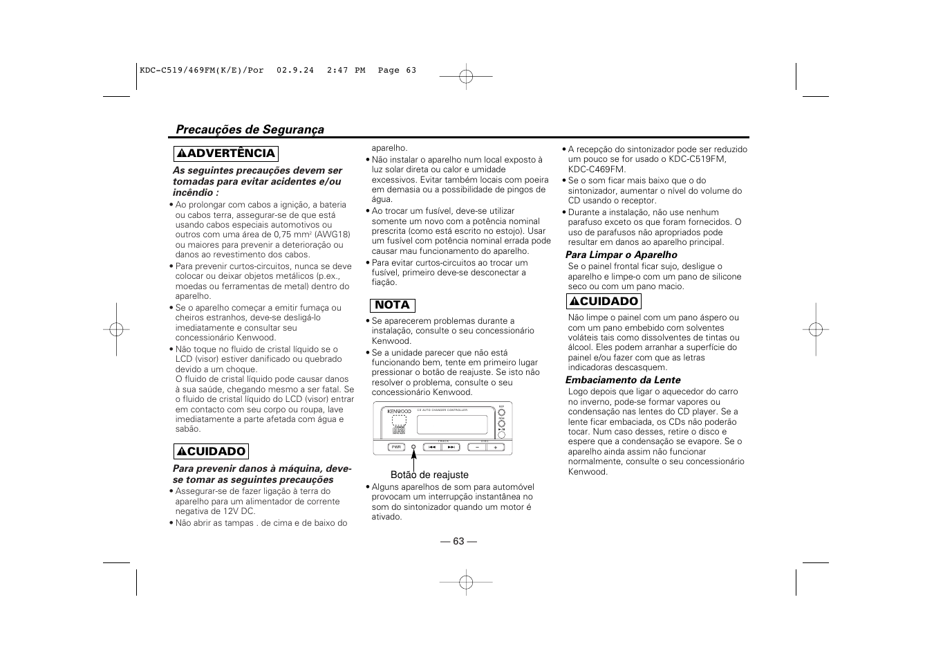 Antes de user, Disc, Precauções de segurança | 2 cuidado 2 advertência, Nota, 2 cuidado | Kenwood KDC-C469FM User Manual | Page 63 / 80