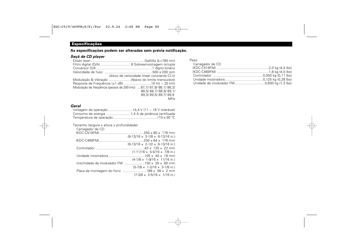 Especificacoes | Kenwood KDC-C469FM User Manual | Page 80 / 80