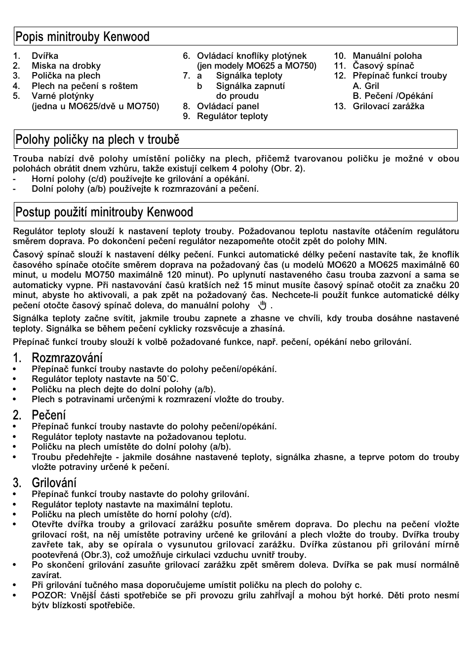 Rozmrazování, Peïení, Grilování | Kenwood Mini Oven User Manual | Page 10 / 57