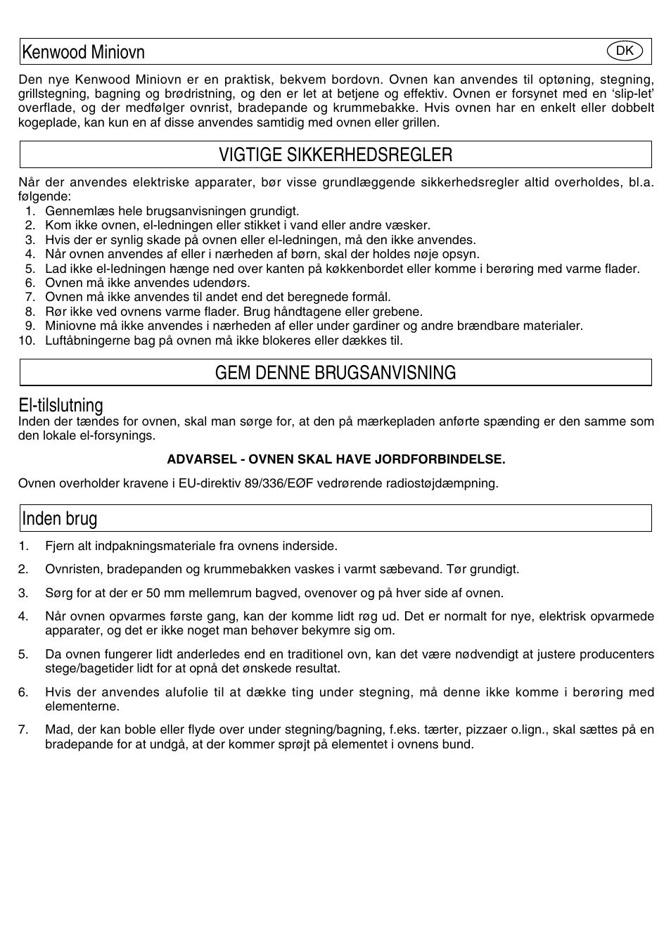 El-tilslutning | Kenwood Mini Oven User Manual | Page 12 / 57