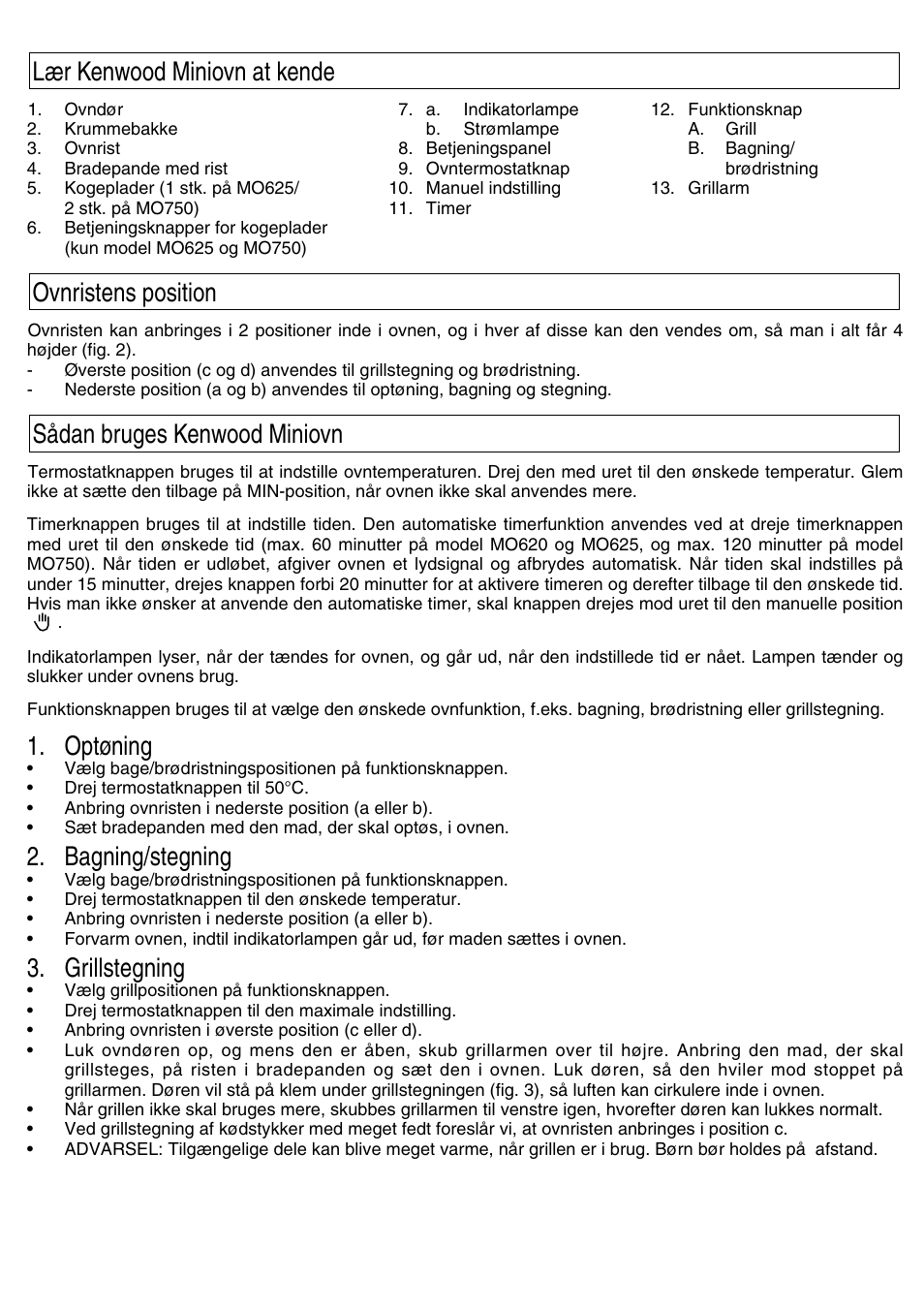 Optøning, Bagning/stegning, Grillstegning | Kenwood Mini Oven User Manual | Page 13 / 57