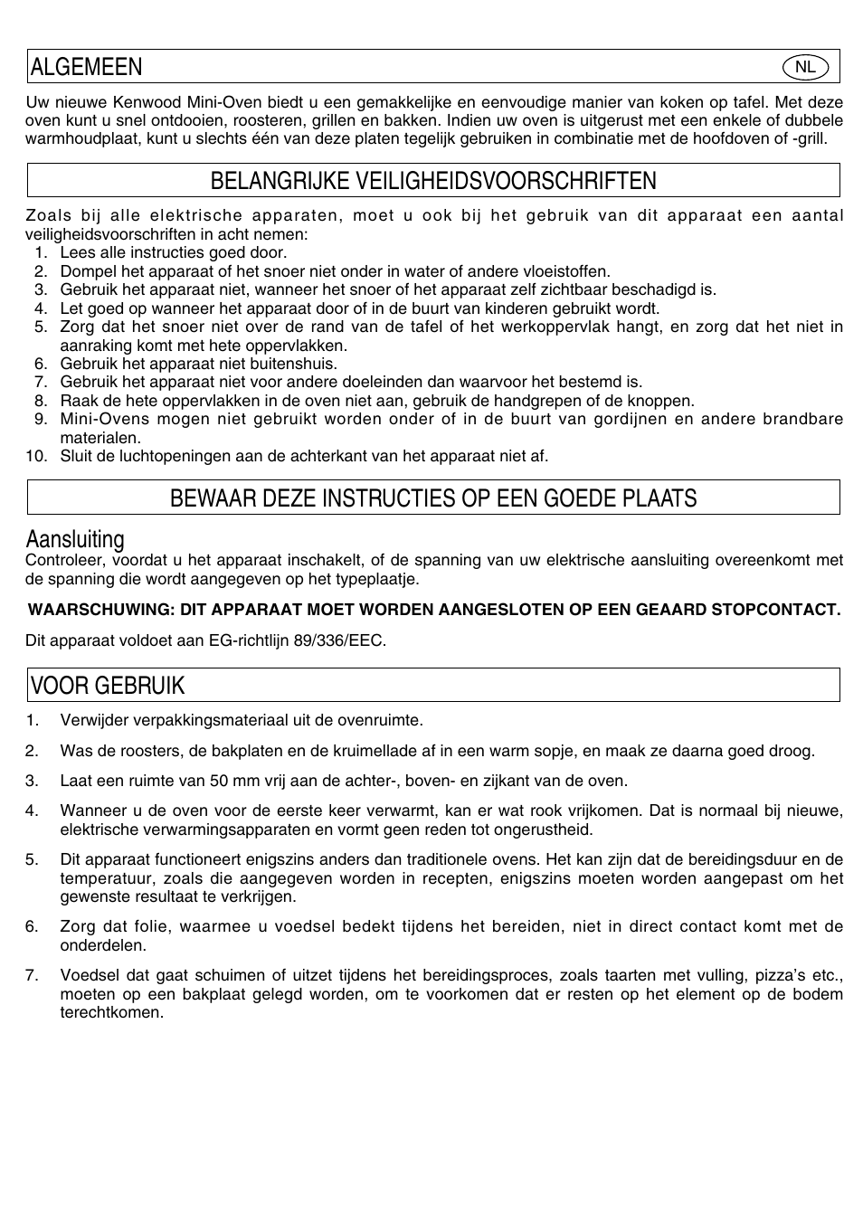 Aansluiting | Kenwood Mini Oven User Manual | Page 15 / 57