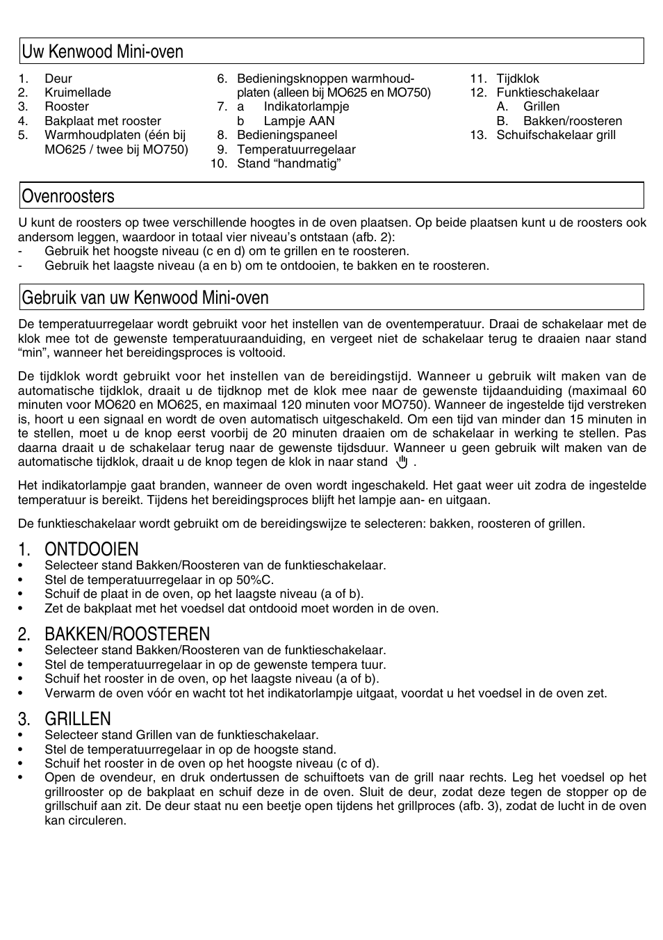Ontdooien, Bakken/roosteren, Grillen | Kenwood Mini Oven User Manual | Page 16 / 57