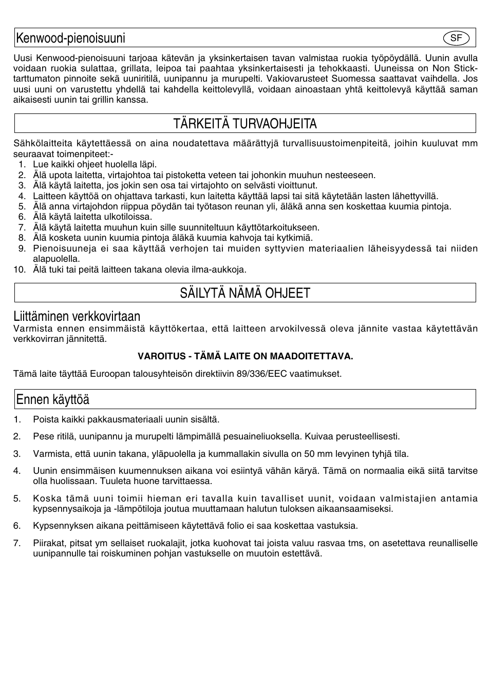 Liittäminen verkkovirtaan | Kenwood Mini Oven User Manual | Page 18 / 57