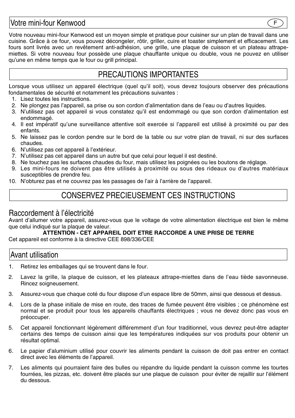 Raccordement à l’électricité | Kenwood Mini Oven User Manual | Page 21 / 57
