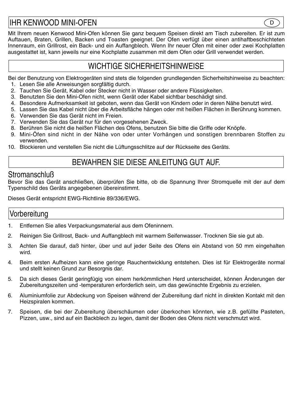 Stromanschluß | Kenwood Mini Oven User Manual | Page 24 / 57