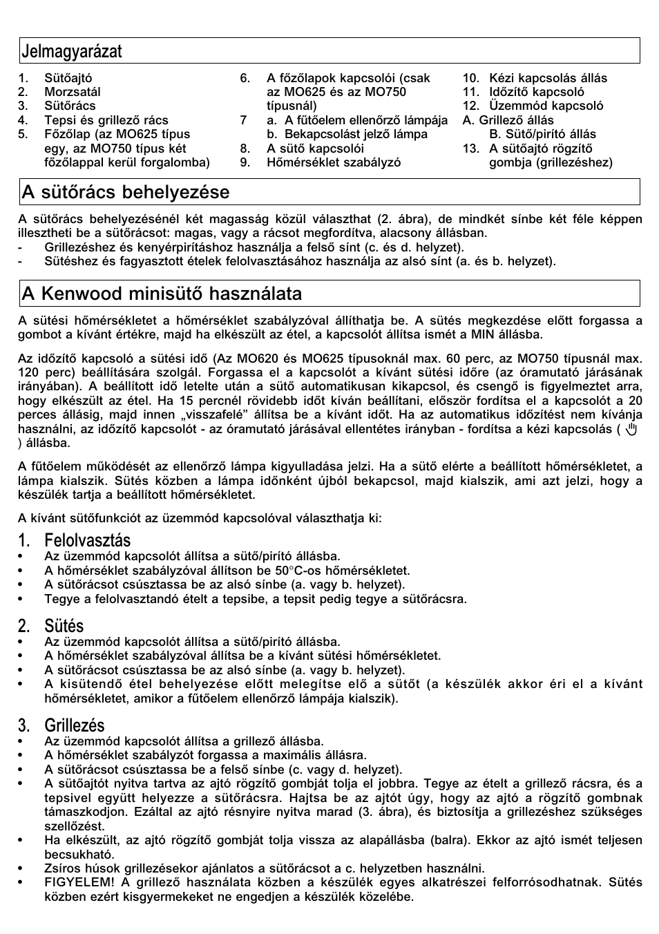 Felolvasztás, Sütés, Grillezés | Kenwood Mini Oven User Manual | Page 28 / 57