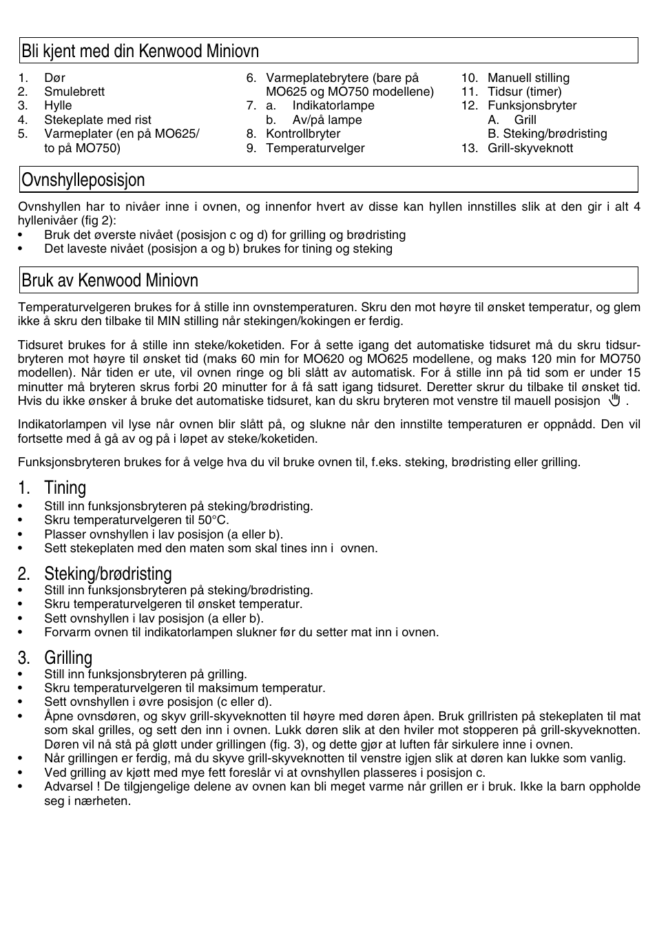 Tining, Steking/brødristing, Grilling | Kenwood Mini Oven User Manual | Page 34 / 57