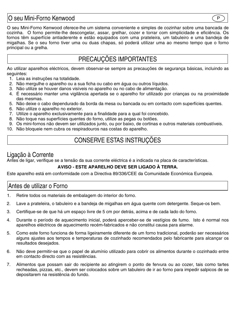 Ligação à corrente | Kenwood Mini Oven User Manual | Page 39 / 57