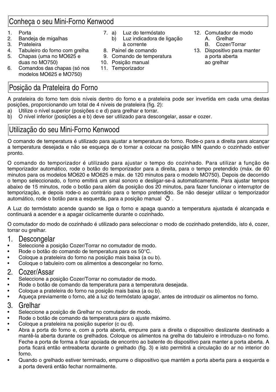 Descongelar, Cozer/assar, Grelhar | Kenwood Mini Oven User Manual | Page 40 / 57