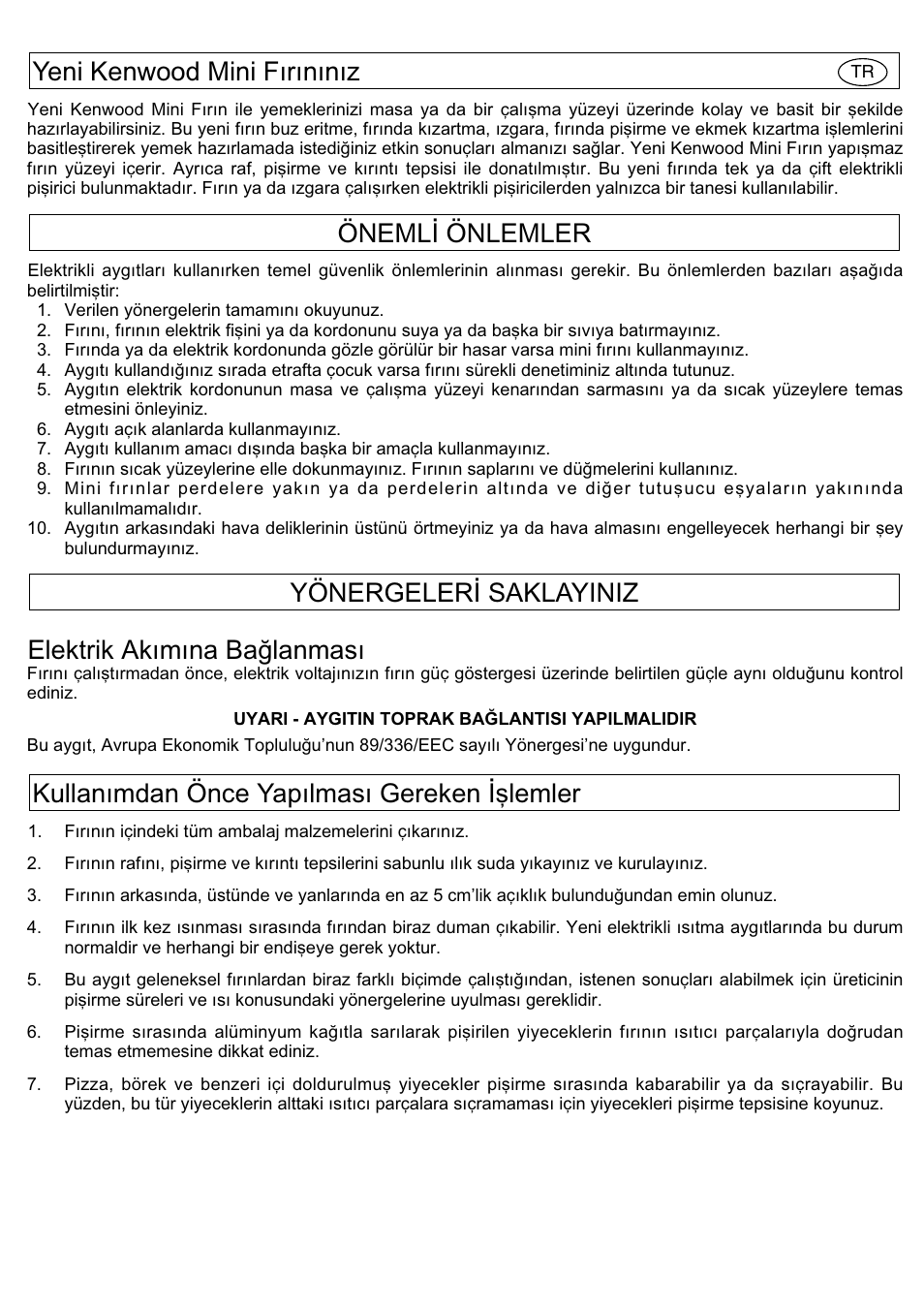 Elektrik akımına baòlanması | Kenwood Mini Oven User Manual | Page 51 / 57